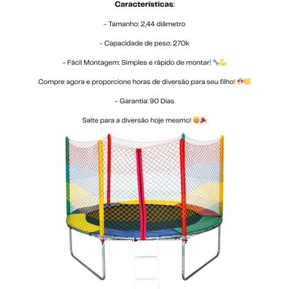 Imagem de Cama Elástica Pula Pula 2,44 Suporta 270Kg Alta resistência Rede com Zíper