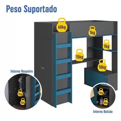 Imagem de Cama Elevada Multifuncional com Armário e Escrivaninha