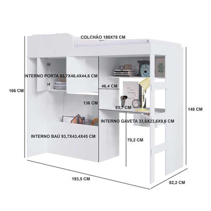 Imagem de Cama Infantil 193,5cm c/ Escrivaninha Armário 2 Portas e Baú