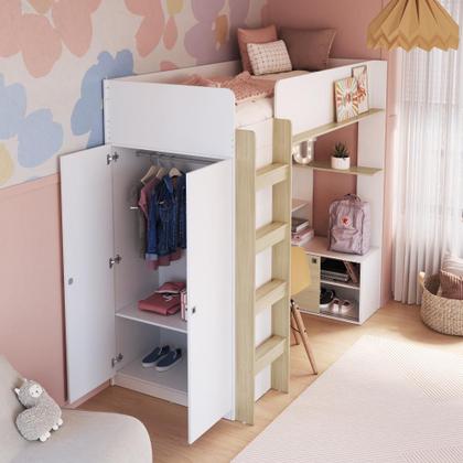 Imagem de Cama Infantil Alta Multifuncional Office de Solteiro com Armário, Escrivaninha, Cabideiro e Prateleira Menino Menina