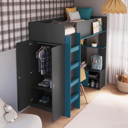 Imagem de Cama Infantil Alta Multifuncional Office de Solteiro com Armário, Escrivaninha, Cabideiro e Prateleira Menino Menina