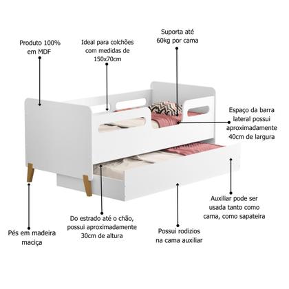 Imagem de Cama Infantil Bicama Auxiliar Cecilia Grade Proteção Montessoriana para Quarto com 02 Colchões Incluso