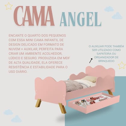 Imagem de Cama Infantil Bicama com Sapateira ou cama Auxiliar Angel em MDF com pés de madeira retro Com Proteção lateral 2 Colchão D18 150x70