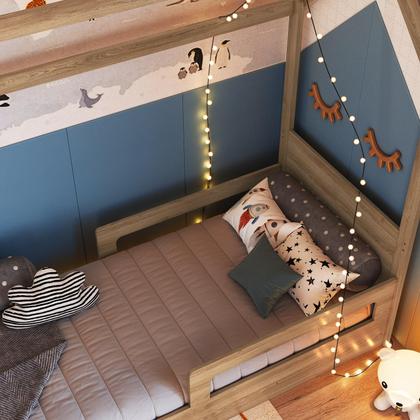 Imagem de Cama Infantil Bicama Montessoriana Estilo Casinha 188x78cm com Proteção Lateral e Cama Auxiliar Aveiro Oak