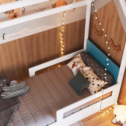 Imagem de Cama Infantil Bicama Montessoriana Estilo Casinha 188x78cm com Proteção Lateral e Cama Auxiliar Branco com Azul