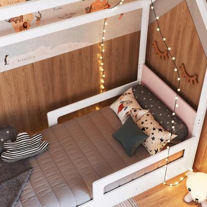 Imagem de Cama Infantil Bicama Montessoriana Estilo Casinha 188x78cm com Proteção Lateral e Cama Auxiliar Branco com Rosa