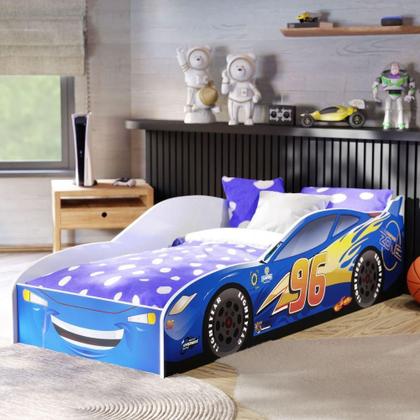 Imagem de Cama Infantil Carro Com Grade Proteção E Colchão Azul