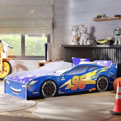 Imagem de Cama Infantil Carro Com Grade Proteção E Colchão Azul