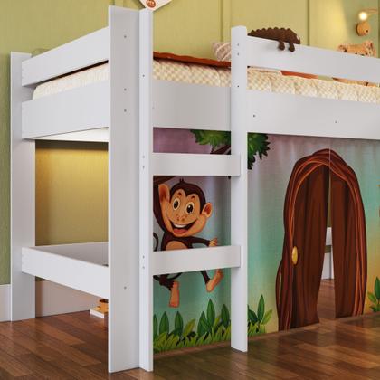 Imagem de Cama Infantil Elevada com Escorregador Branco com Cortina Estampada Zoo