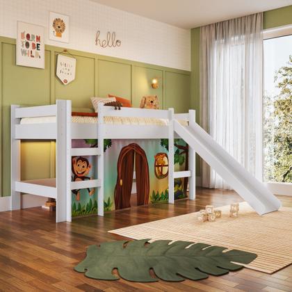 Imagem de Cama Infantil Elevada com Escorregador Branco com Cortina Estampada Zoo