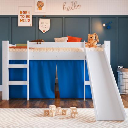 Imagem de Cama Infantil Elevada com Escorregador Branco e Cortina Azul Completa Móveis