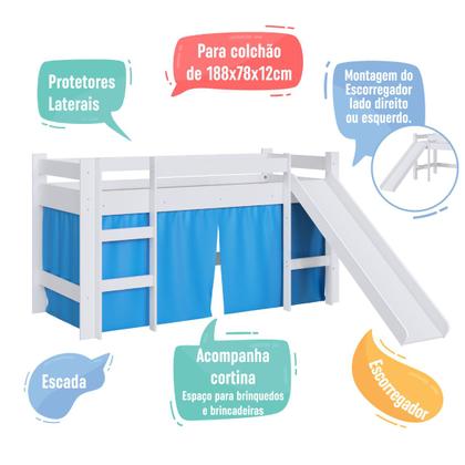 Imagem de Cama Infantil Elevada com Escorregador Branco e Cortina Azul Completa Móveis