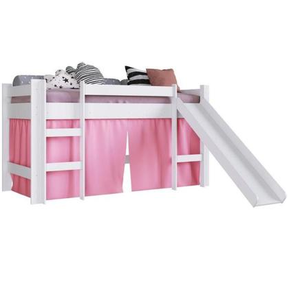 Imagem de Cama Infantil Elevada com Escorregador Cortina Rosa Playground