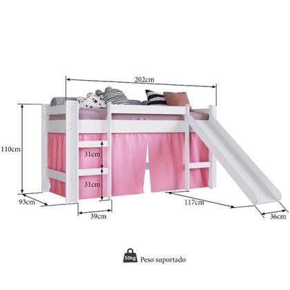 Imagem de Cama Infantil Elevada com Escorregador Cortina Rosa Playground