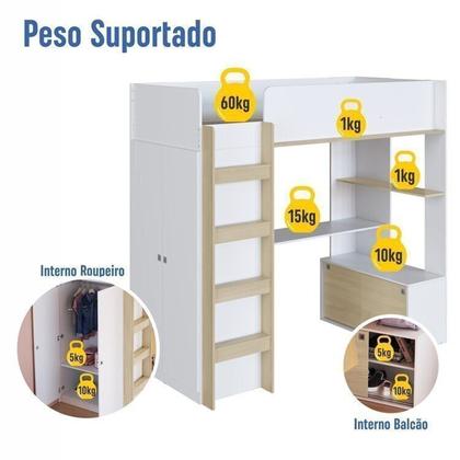Imagem de Cama Infantil Elevada Multifuncional 1 Armário 1 Escrivaninha com Colchão