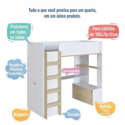 Imagem de Cama Infantil Elevada Multifuncional 1 Armário 1 Escrivaninha com Colchão