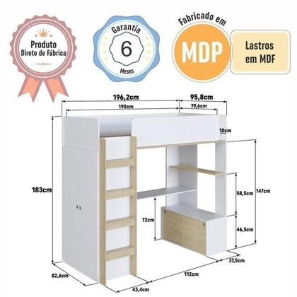 Imagem de Cama Infantil Elevada Multifuncional 1 Armário 1 Escrivaninha com Colchão