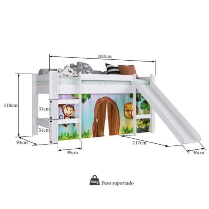 Imagem de Cama Infantil Escorregador Alta Elevada Cortina Zoo Animais Quarto Playground Branco