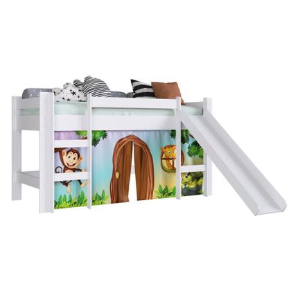Imagem de Cama Infantil Escorregador Alta Elevada Cortina Zoo Animais Quarto Playground Branco