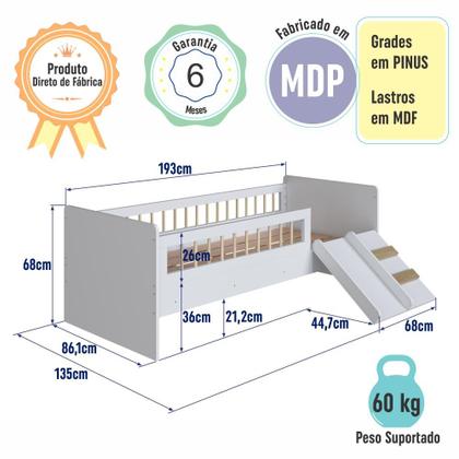 Imagem de Cama Infantil Montessoriana 188x78cm com Escorregador e Grade de Proteção Branca