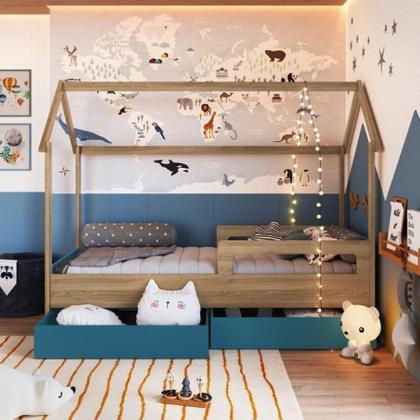 Imagem de Cama Infantil Montessoriana 2 Gavetões Inferiores 1 Colchão Aveiro Oak/Azul Secreto