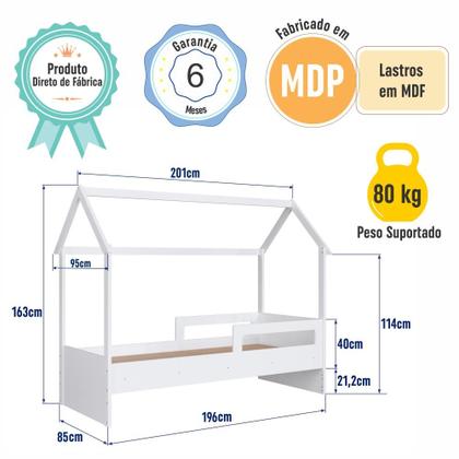 Imagem de Cama Infantil Montessoriana Casinha Menino Menina Solteiro 196cm com Proteção Lateral Branca
