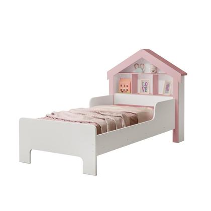 Imagem de Cama Modelo Casinha Infantil Solteiro Branco Com Rosa Casinha Com Nicho Para Objetos Decorativos