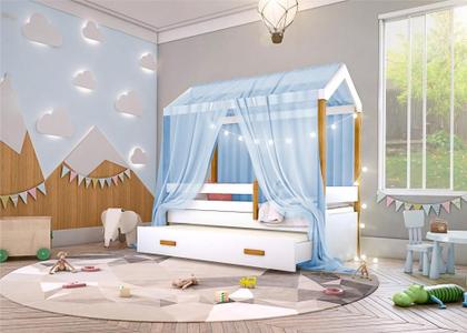Imagem de Cama Montessori Cabana com Auxiliar Cordão LED e Dossel Azul