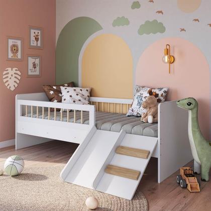 Imagem de Cama Montessoriana de Solteiro com Escada e Escorrega Linha Affetto Branca