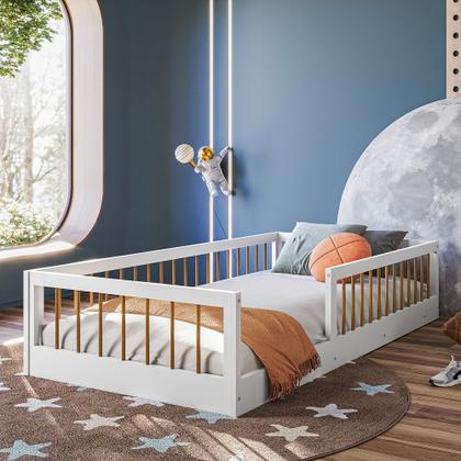 Imagem de Cama Montessoriana Infantil Berço Com Grade De Proteção Quarto Da Criança Cercado Cor Branco/Nature
