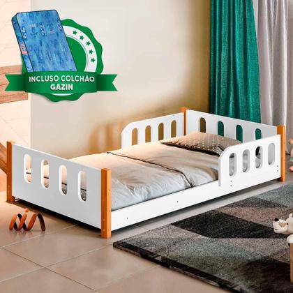 Imagem de Cama Montessoriana Infantil Com Grade De Proteção Branca Camila Divaloto E Colchão Gazin