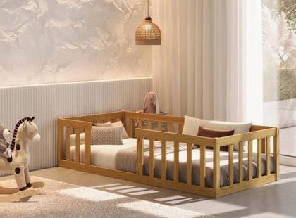 Imagem de Cama Montessoriana Solteiro Nemargi Madeira Maciça com Grade Nogueira