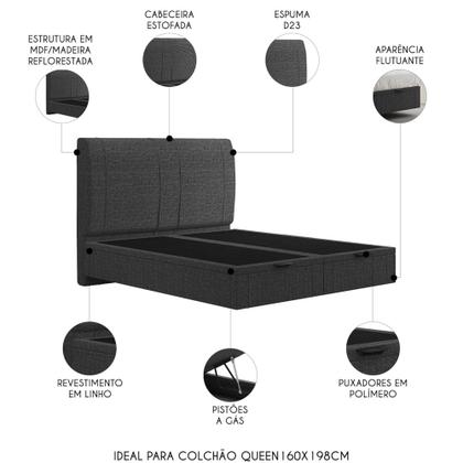 Imagem de Cama Queen Flutuante Baú Cabeceira 160cm Fly S05 Linho Preto - Mpozenato