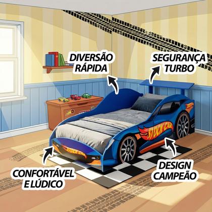 Imagem de Cama Solteiro 188 X 88 Infantil Quarto Menino Carro Corrida StockCar Azul Madeira Proteção Espaçosa