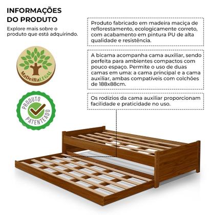 Imagem de Cama Solteiro com Auxiliar Bibox Bicama Infantil Gabrieli com 2 Colchões Inclusos Castanho