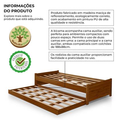 Imagem de Cama Solteiro com Auxiliar Bibox Bicama Infantil Gabrieli com 2 Colchões Inclusos Madeira Castanho