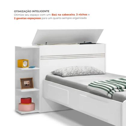 Imagem de Cama Solteiro com Baú 2 Gavetas e 3 Nichos Jade Branco