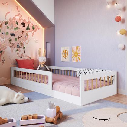 Imagem de Cama Solteiro de Chão Montessori com Cercado Branco