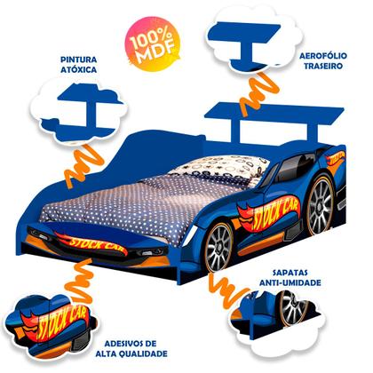 Imagem de Cama Solteiro Infantil Junvenil 188 x 88 cm  Com Colchão Menino Carro Corrida Stock Car Azul  Facil Acesso Quarto de Criança proteção lateral 