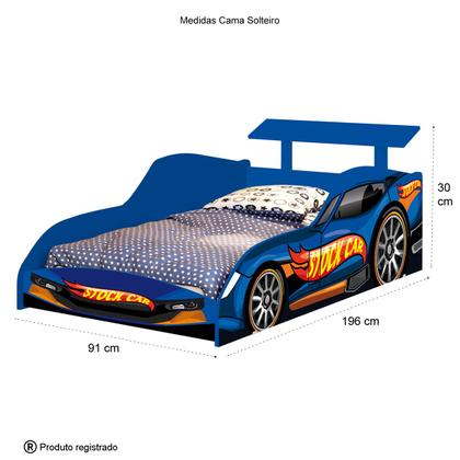 Imagem de Cama Solteiro Infantil Junvenil 188 x 88 cm  Com Colchão Menino Carro Corrida Stock Car Azul  Facil Acesso Quarto de Criança proteção lateral 