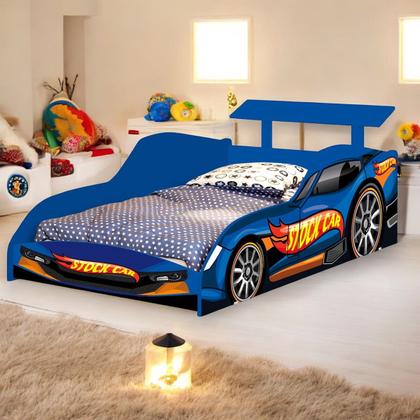 Imagem de Cama Solteiro Infantil Junvenil 188 x 88 cm  Com Colchão Menino Carro Corrida Stock Car Azul  Facil Acesso Quarto de Criança proteção lateral 