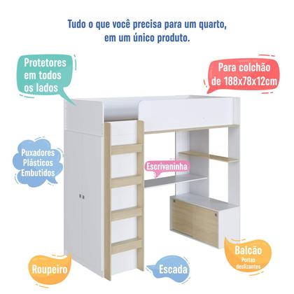 Imagem de Cama Solteiro Multifuncional alta com Armário e Escrivaninha BI030 Linha Infanto Completa Móveis
