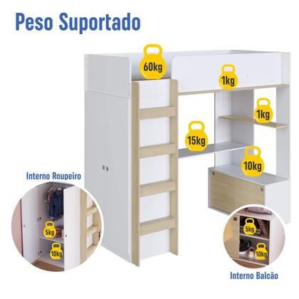 Imagem de Cama Solteiro Multifuncional alta com Armário e Escrivaninha BI030 Linha Infanto Completa Móveis