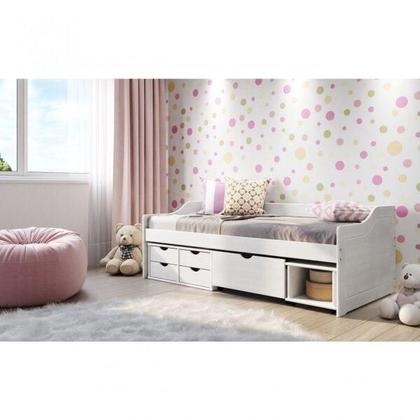 Imagem de Cama Solteiro Multifuncional com 1 Gavetão 1 Nicho e 4 Gavetas Madeira Maciça Pinus Branco Lavado