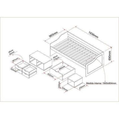 Imagem de Cama Solteiro Multifuncional com 1 Gavetão 1 Nicho e 4 Gavetas Madeira Maciça Pinus Branco Lavado