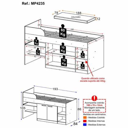 Imagem de Cama Solteiro Multifuncional Com Colchão Incluso 2 Portas E Escrivaninha Multimóveis Mp4235 Branco Branco