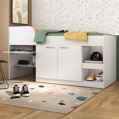 Imagem de Cama Solteiro Multifuncional Com Colchão Incluso 2 Portas E Escrivaninha Multimóveis Mp4235 Branco Branco