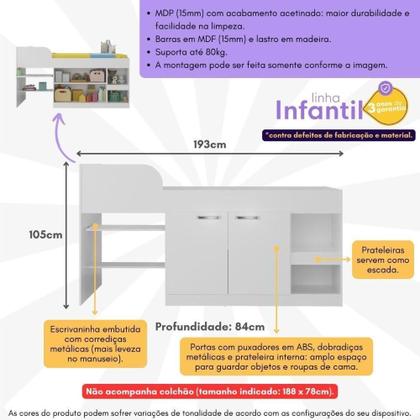 Imagem de Cama Solteiro Multifuncional Para Colchão 188 X 78cm Com 2 Portas E Escrivaninha Multimóveis Mp4230 Branco Branco