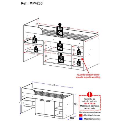 Imagem de Cama Solteiro Multifuncional para Colchão 188 x 78cm com 2 Portas e Escrivaninha Multimóveis MP4230 Branco