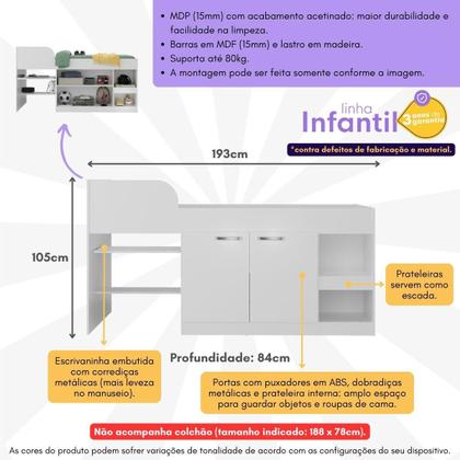 Imagem de Cama Solteiro Multifuncional para Colchão 188 x 78cm com 2 Portas e Escrivaninha Multimóveis MP4234 Branco